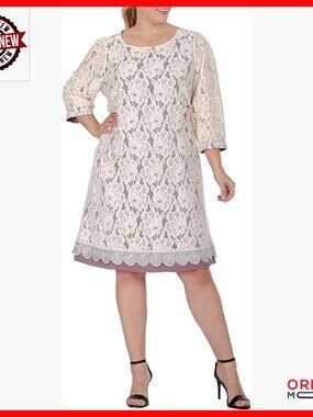 Plus Size Floral Lace Midi Dress 3/4 Sleeve Boat Neck Cocktail